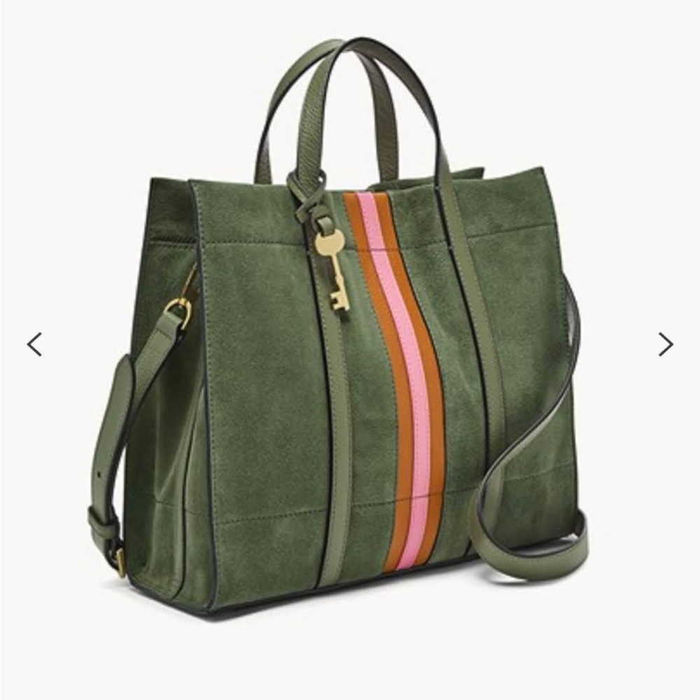 Olive Suede Tote with Striped Accent